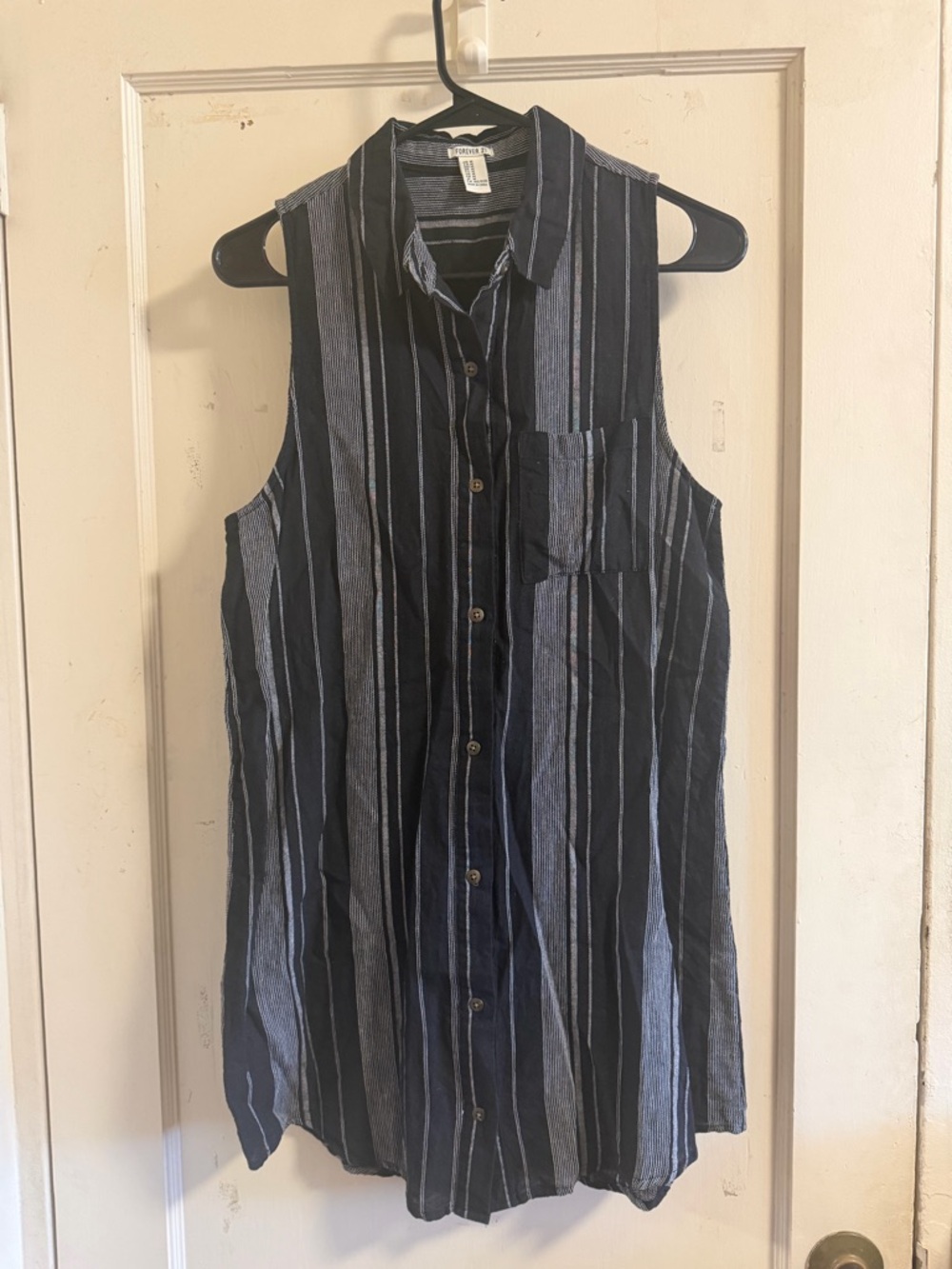 Sleeveless Black & White Vertical Stripe Button-Up Tunic